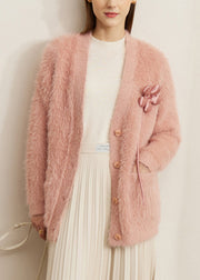 Pink Pockets Solid Mink Velvet Cardigan V Neck Spring