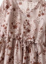 Pink Print Boho Cotton Long Dress V Neck Drawstring Summer
