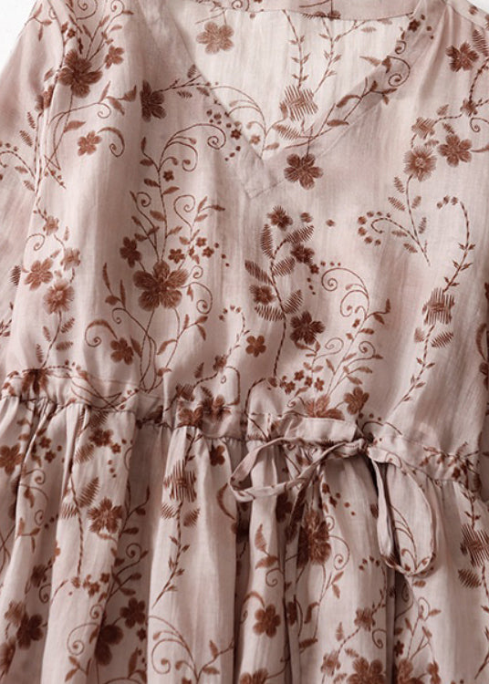 Pink Print Boho Cotton Long Dress V Neck Drawstring Summer