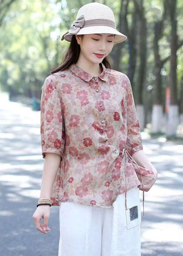 Pink Print Button Linen Shirts Tops Peter Pan Collar Lace Up Summer