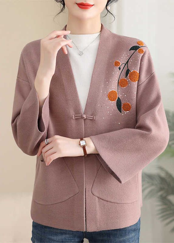 Pink Print Button Solid Cotton Knit Coat Spring