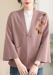 Pink Print Button Solid Cotton Knit Coat Spring