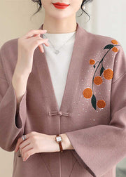 Pink Print Button Solid Cotton Knit Coat Spring