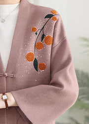 Pink Print Button Solid Cotton Knit Coat Spring