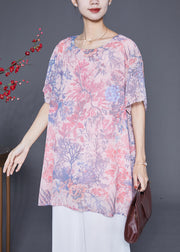 Pink Print Chiffon Blouse Top Oversized Draping Summer