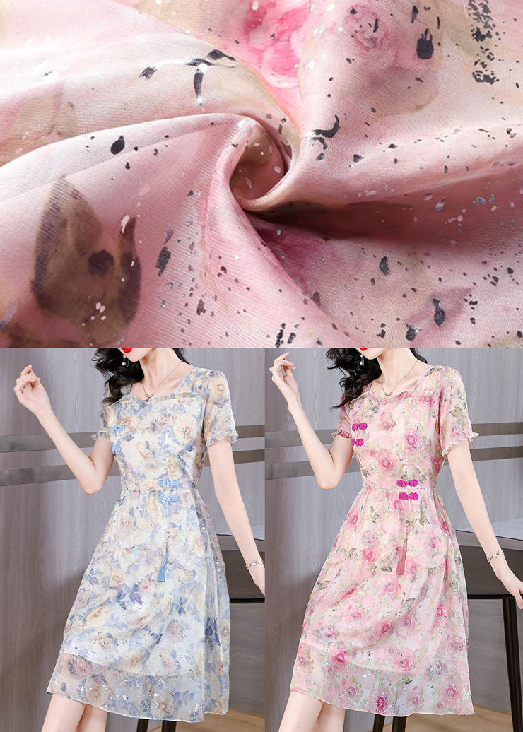 Pink Print Chiffon Dress Ruffled Tasseled Summer