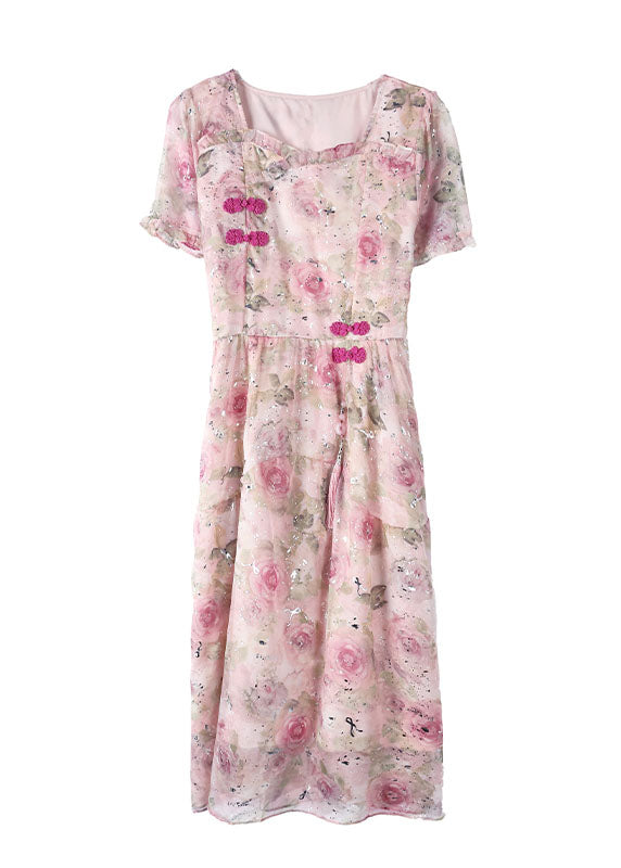 Pink Print Chiffon Dress Ruffled Tasseled Summer