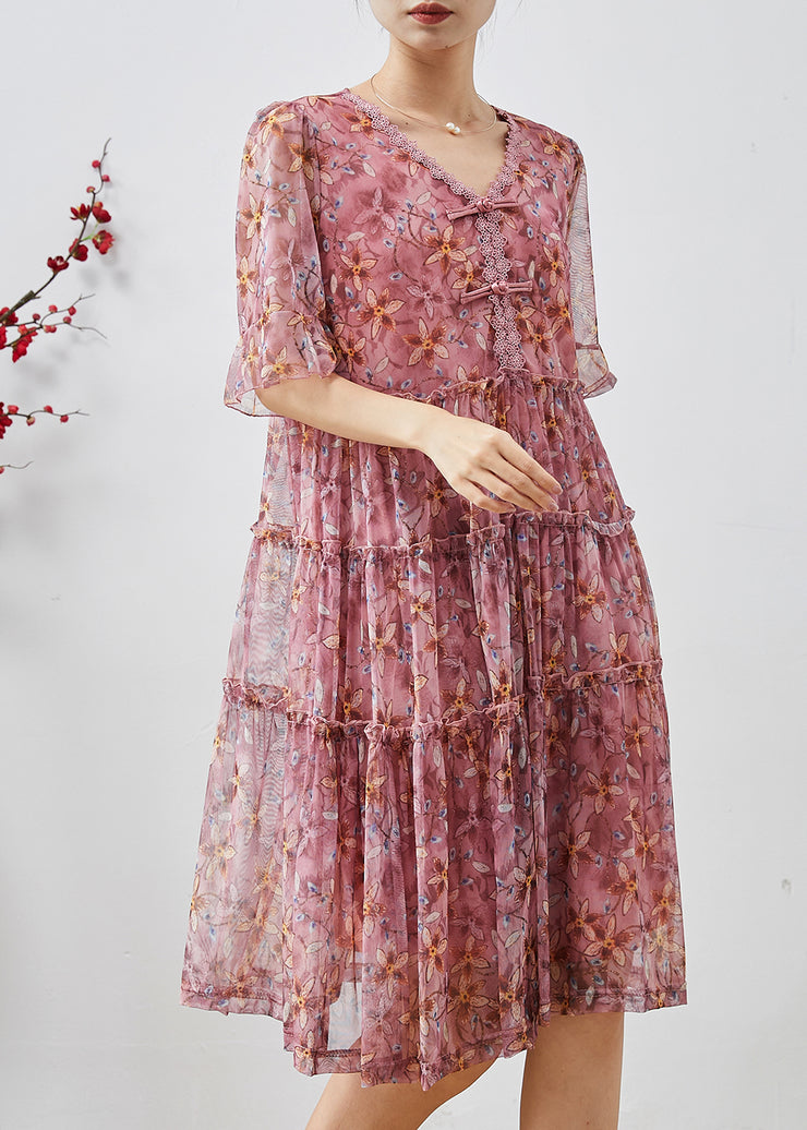 Pink Print Chiffon Long Dresses Chinese Button Summer