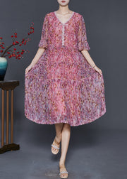 Pink Print Chiffon Mid Dress Chinese Button Summer