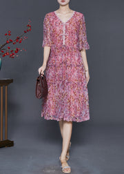 Pink Print Chiffon Mid Dress Chinese Button Summer