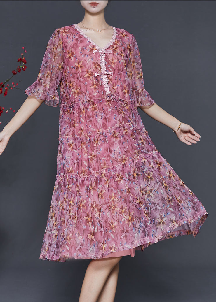 Pink Print Chiffon Mid Dress Chinese Button Summer