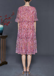 Pink Print Chiffon Mid Dress Chinese Button Summer