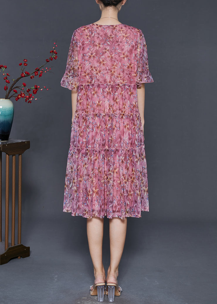 Pink Print Chiffon Mid Dress Chinese Button Summer