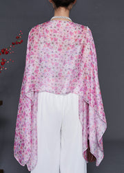 Pink Print Chiffon Shirt Tops Asymmetrical Batwing Sleeve