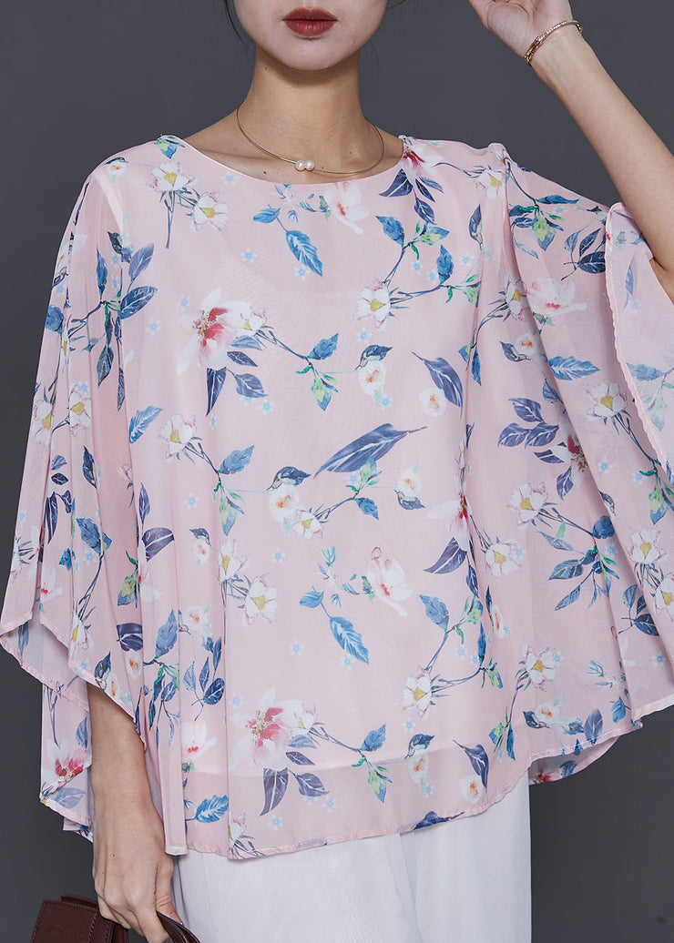 Pink Print Chiffon Top Oversized Batwing Sleeve