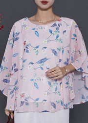 Pink Print Chiffon Top Oversized Batwing Sleeve