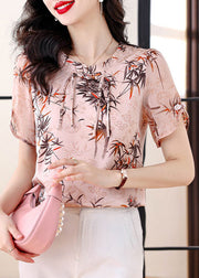 Pink Print Chiffon Top Tasseled Chinese Button Summer