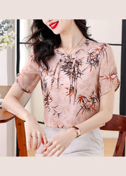 Pink Print Chiffon Top Tasseled Chinese Button Summer