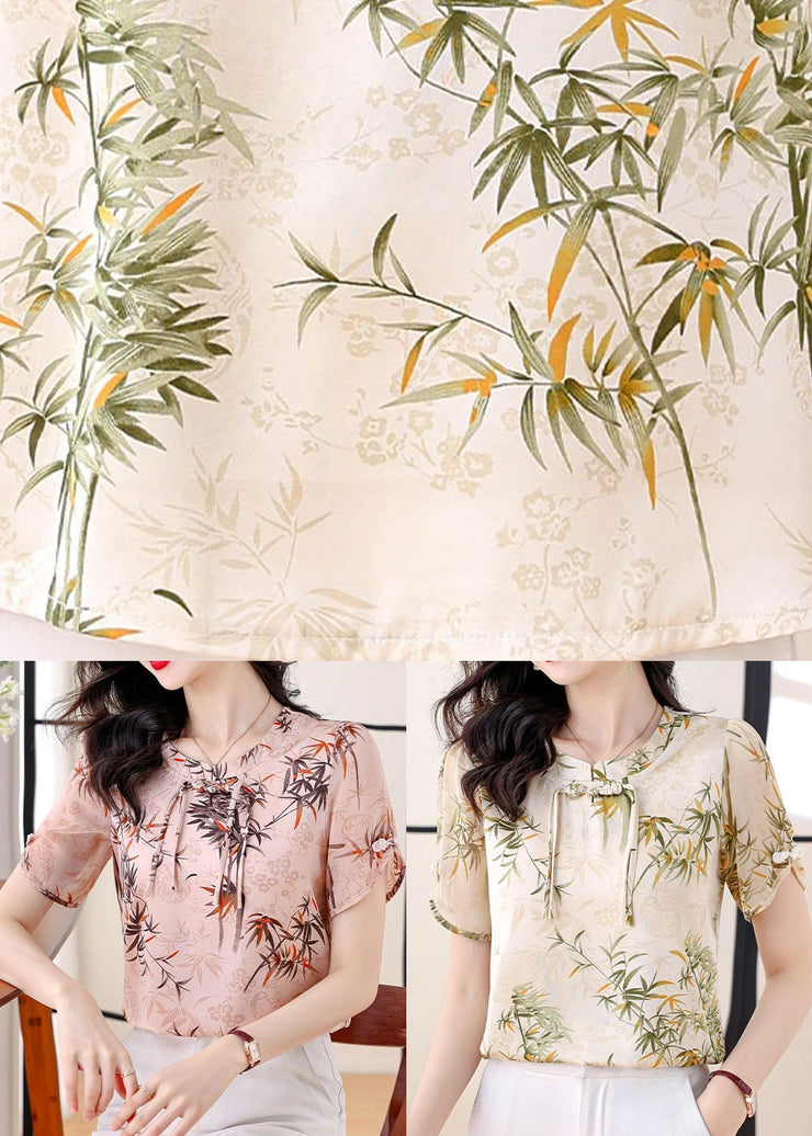 Pink Print Chiffon Top Tasseled Chinese Button Summer