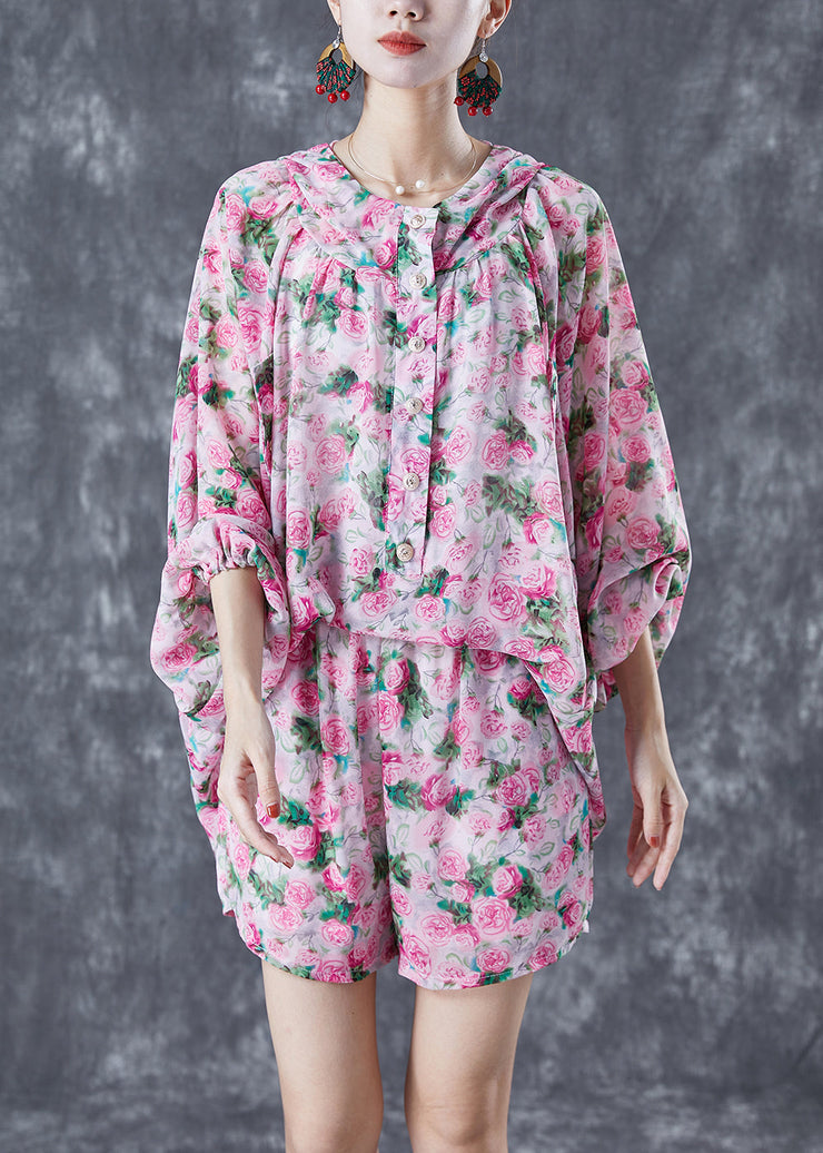 Pink Print Chiffon Two Pieces Set Hooded Oversized Lantern Sleeve