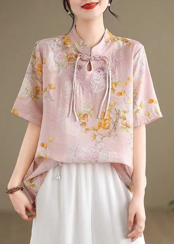 Pink Print Cotton Blouse Stand Collar Short Sleeve