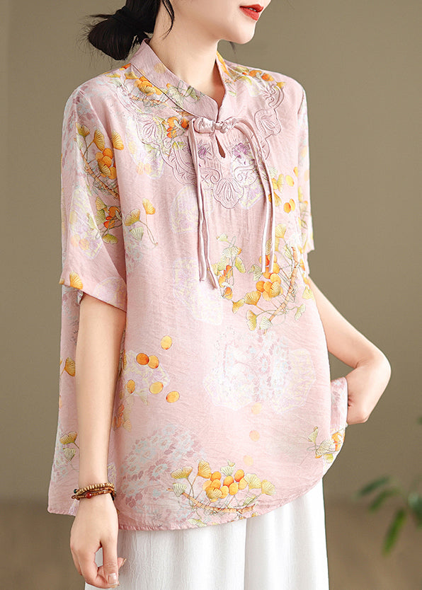 Pink Print Cotton Blouse Stand Collar Short Sleeve