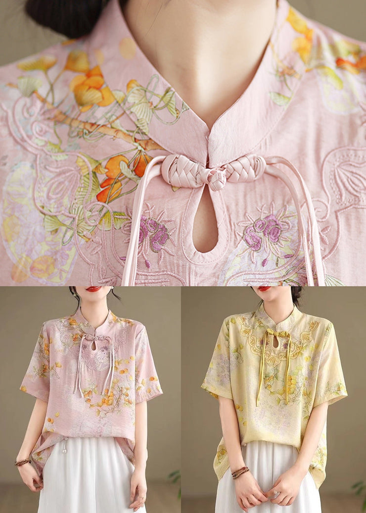 Pink Print Cotton Blouse Stand Collar Short Sleeve