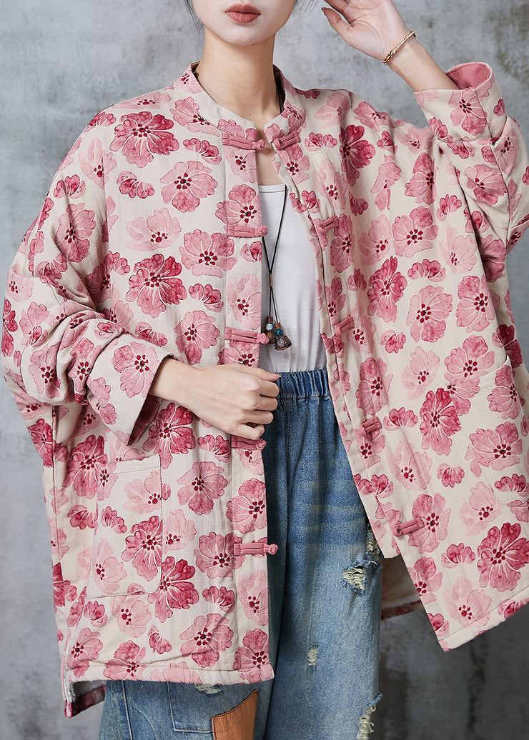 Pink Print Cotton Coat Outwear Chinese Button Spring