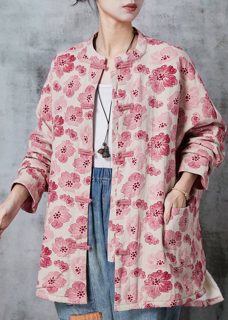 Pink Print Cotton Coat Outwear Chinese Button Spring