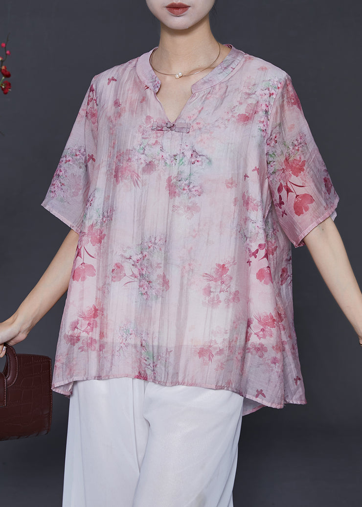 Pink Print Cotton Loose Shirts Chinese Button Summer