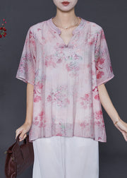 Pink Print Cotton Loose Shirts Chinese Button Summer