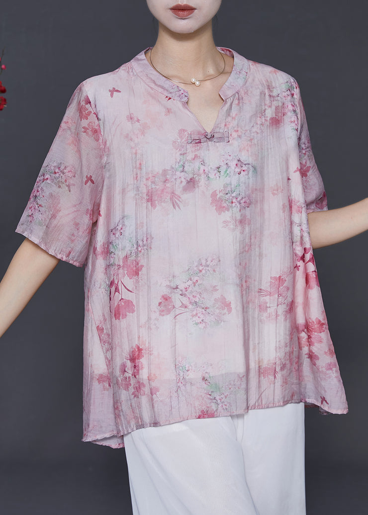 Pink Print Cotton Loose Shirts Chinese Button Summer