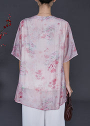 Pink Print Cotton Loose Shirts Chinese Button Summer