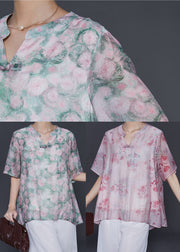 Pink Print Cotton Loose Shirts Chinese Button Summer