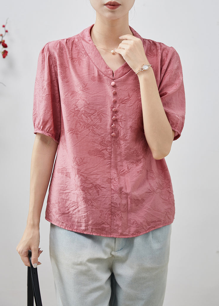 Pink Print Cotton Shirt Top V Neck Summer