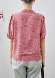 Pink Print Cotton Shirt Top V Neck Summer