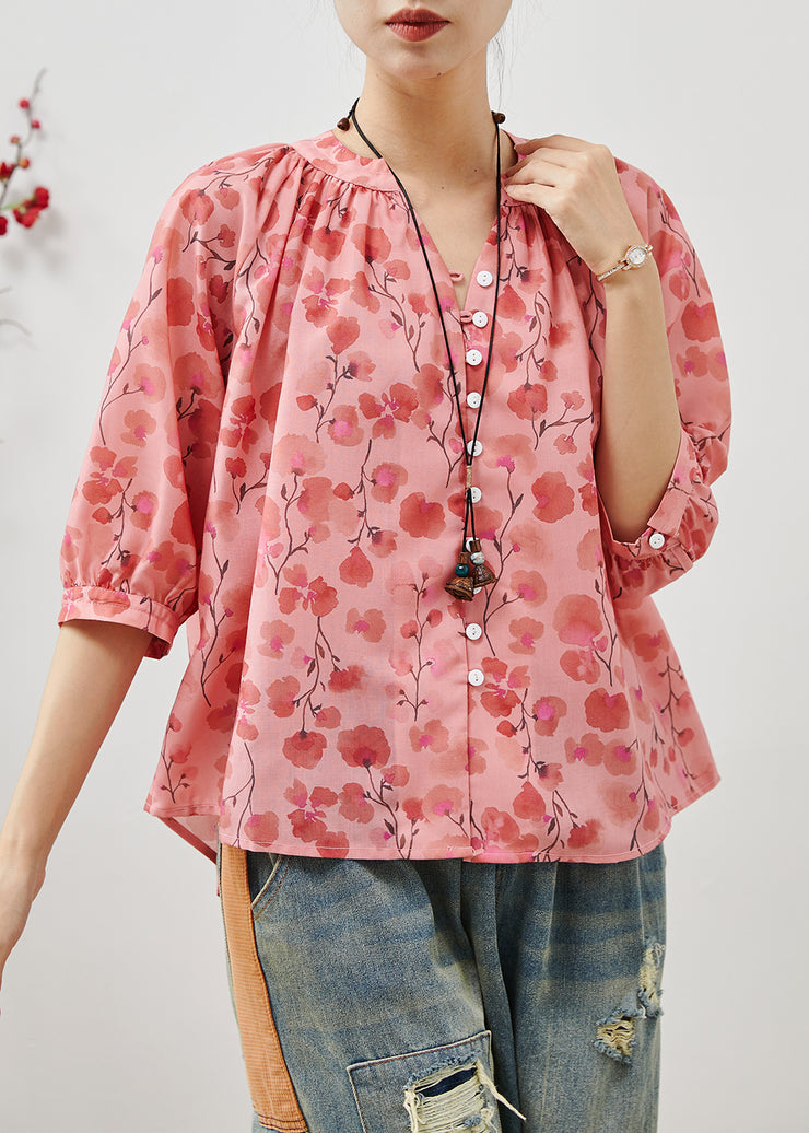 Pink Print Cotton Shirt Tops V Neck Summer