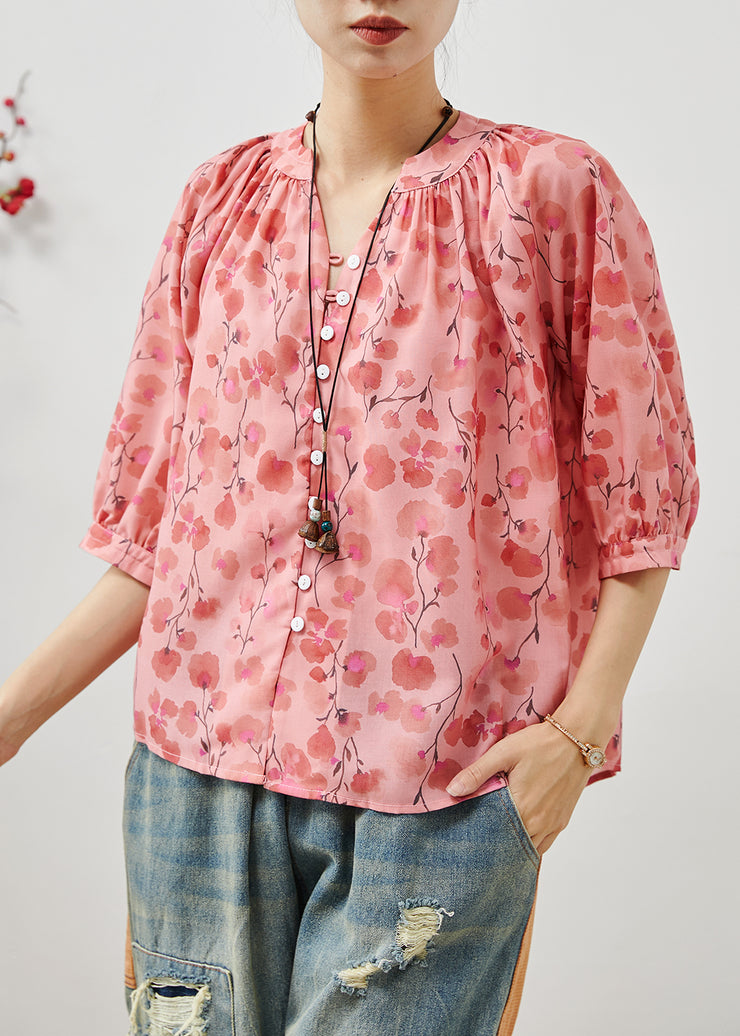 Pink Print Cotton Shirt Tops V Neck Summer