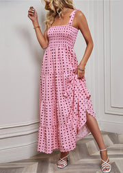 Pink Print Cotton Spaghetti Strap Dress Elastic Waist Summer