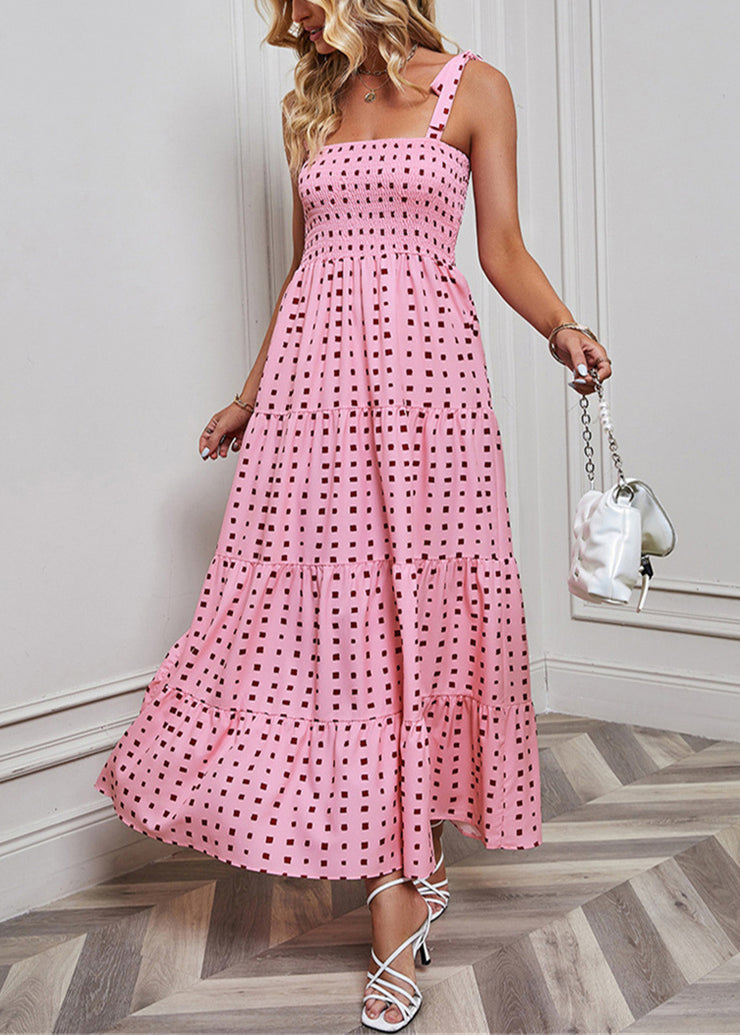 Pink Print Cotton Spaghetti Strap Dress Elastic Waist Summer