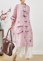 Pink Print Linen Shirt Dress Oversized Chinese Button Summer
