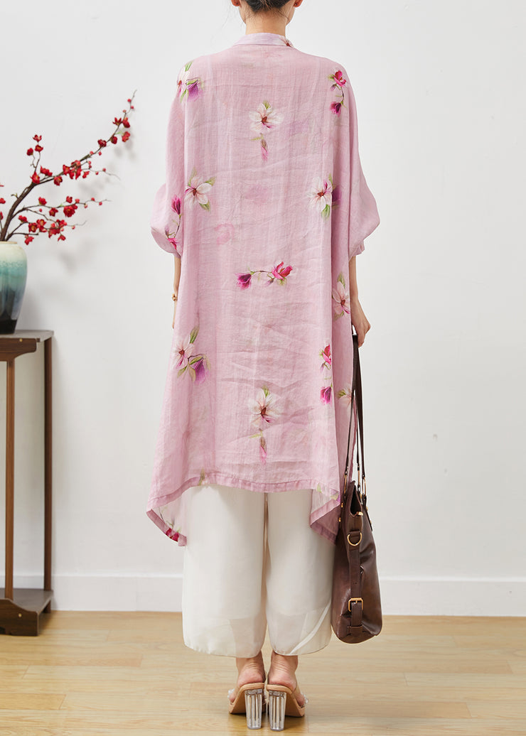 Pink Print Linen Shirt Dress Oversized Chinese Button Summer