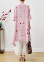 Pink Print Linen Shirt Dress Oversized Chinese Button Summer