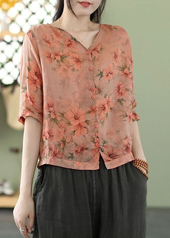 Pink Print Linen Shirt Tops V Neck Oversized Summer