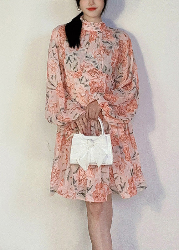 Pink Print Patchwork Chiffon Mid Dress Ruffled Long Sleeve