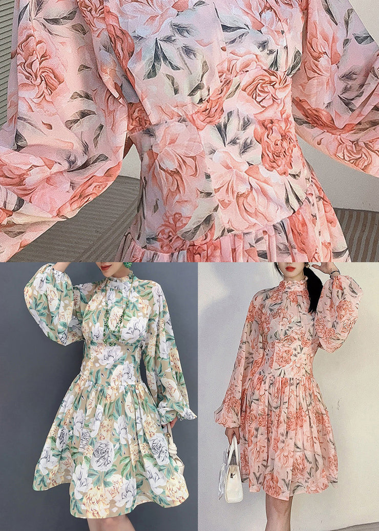 Pink Print Patchwork Chiffon Mid Dress Ruffled Long Sleeve