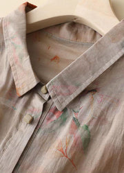 Pink Print Patchwork Cotton Shirts Button Wrinkled Bracelet Sleeve