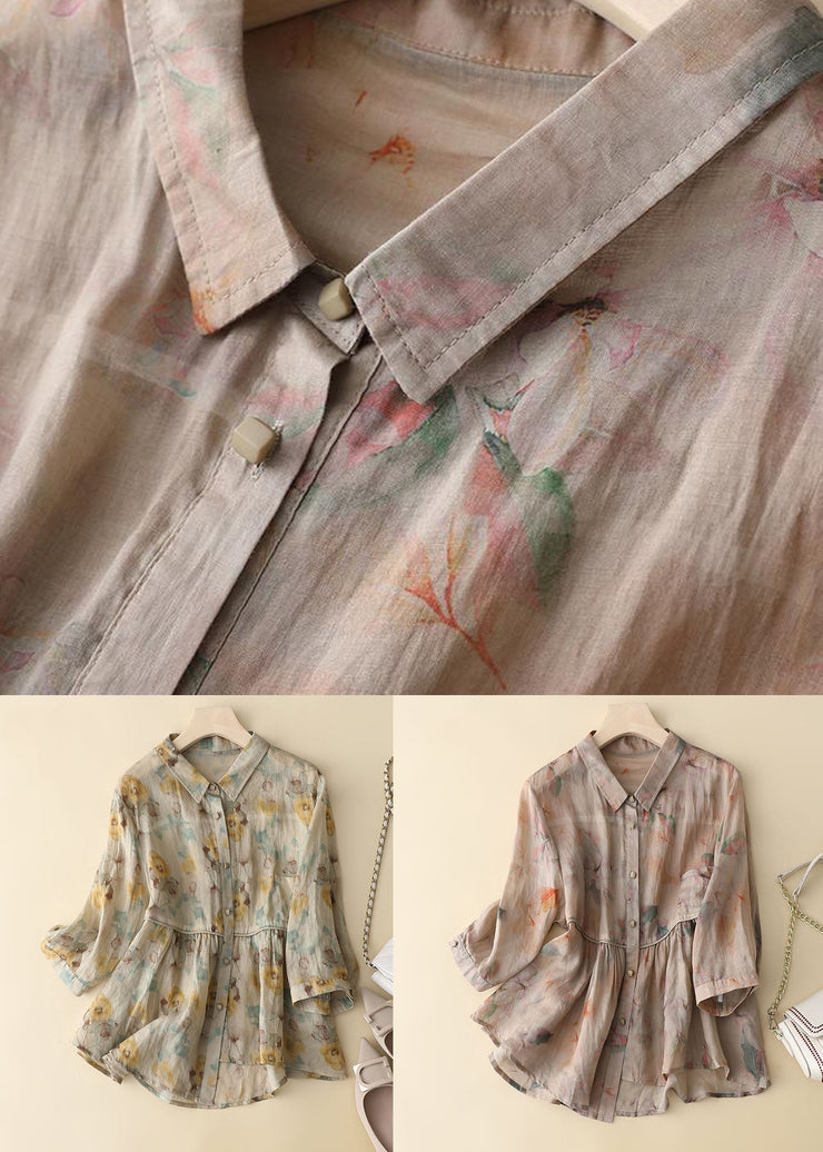 Pink Print Patchwork Cotton Shirts Button Wrinkled Bracelet Sleeve