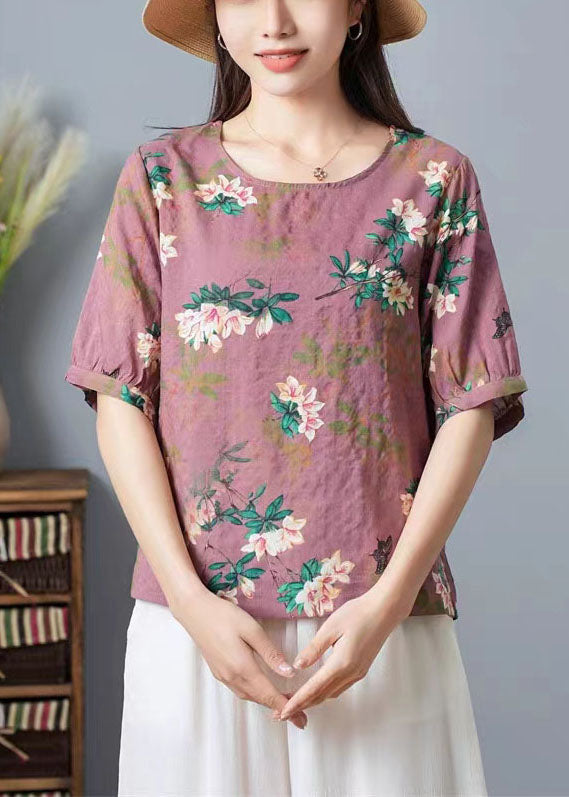 Pink Print Patchwork Cotton T Shirt Top O Neck Wrinkled Summer