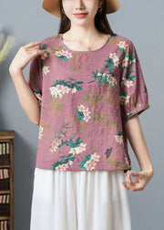 Pink Print Patchwork Cotton T Shirt Top O Neck Wrinkled Summer